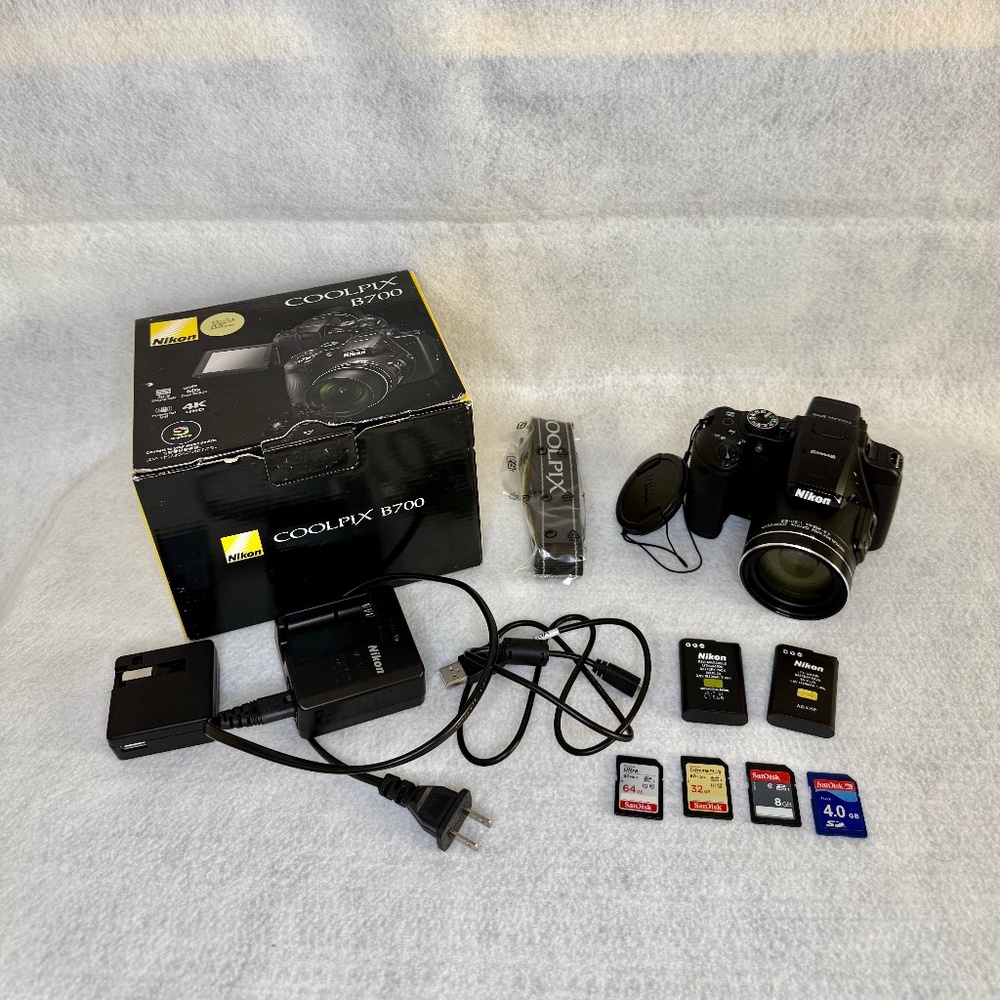 Nikon Coolpix B700 60X Zoom Camera + 2 Chargers, 2 Batteries, 4 Memory Cards